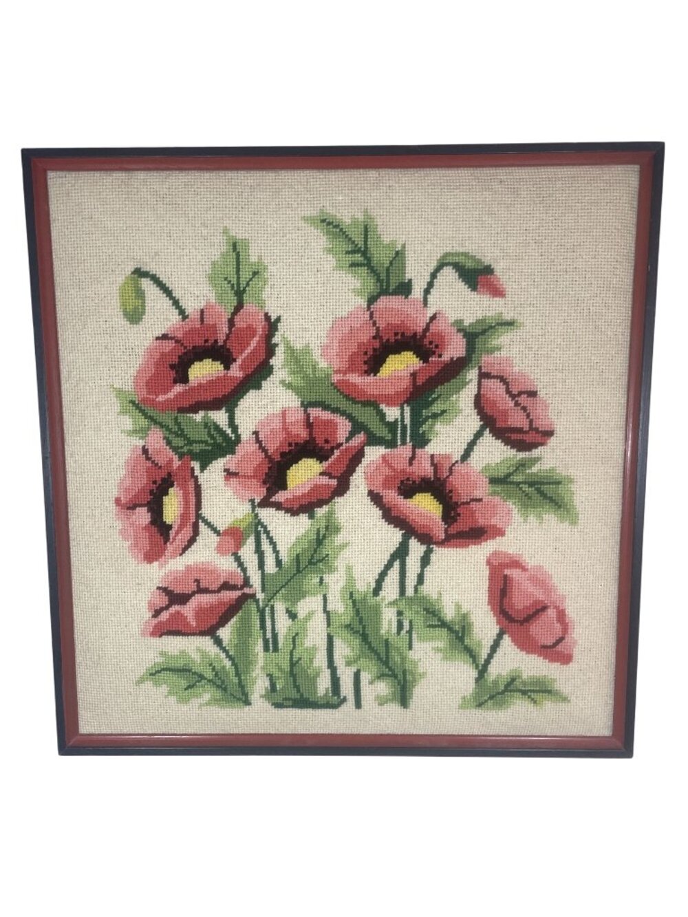 Vintage Framed Needlepoint Red and Yellow Poppy Flowers Textile Wall Art Padded